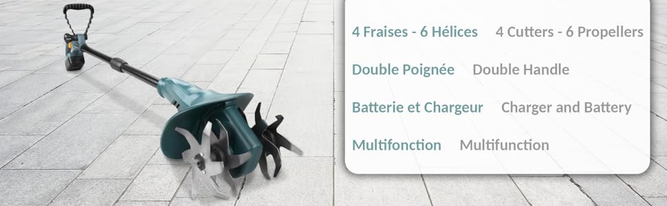  Motobineuse Maniable Pratique Professional Double Poignée Ergonomique Battery & Chargeur Inclus