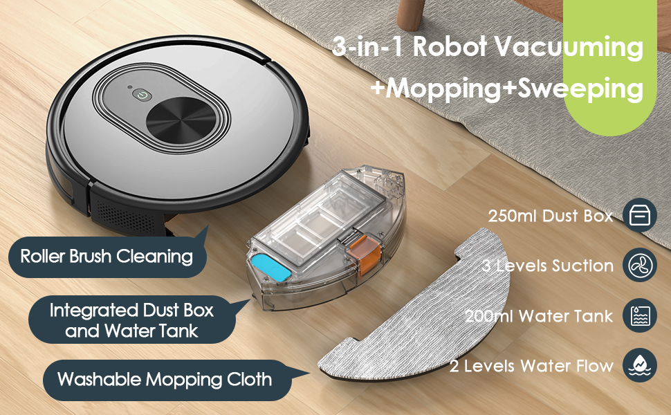 HR101 Robot Vacuum and Mop Combo,3-in-1 Robot Vacuuming+Mopping+Sweeping